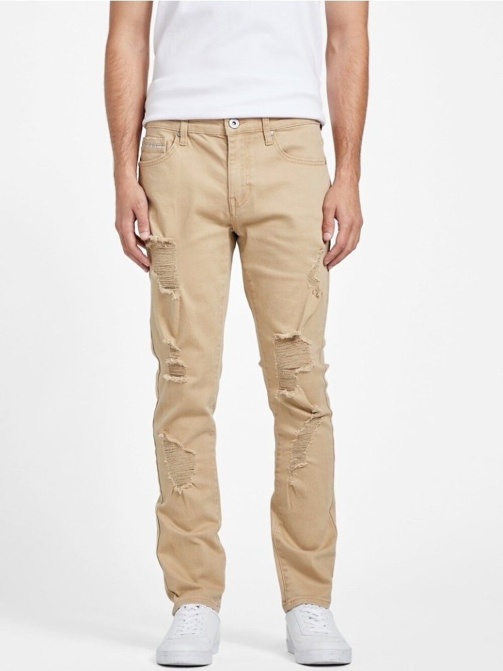 Guess Men’s Nico Destroyed Skinny Jeans Light Beige Size 30X30